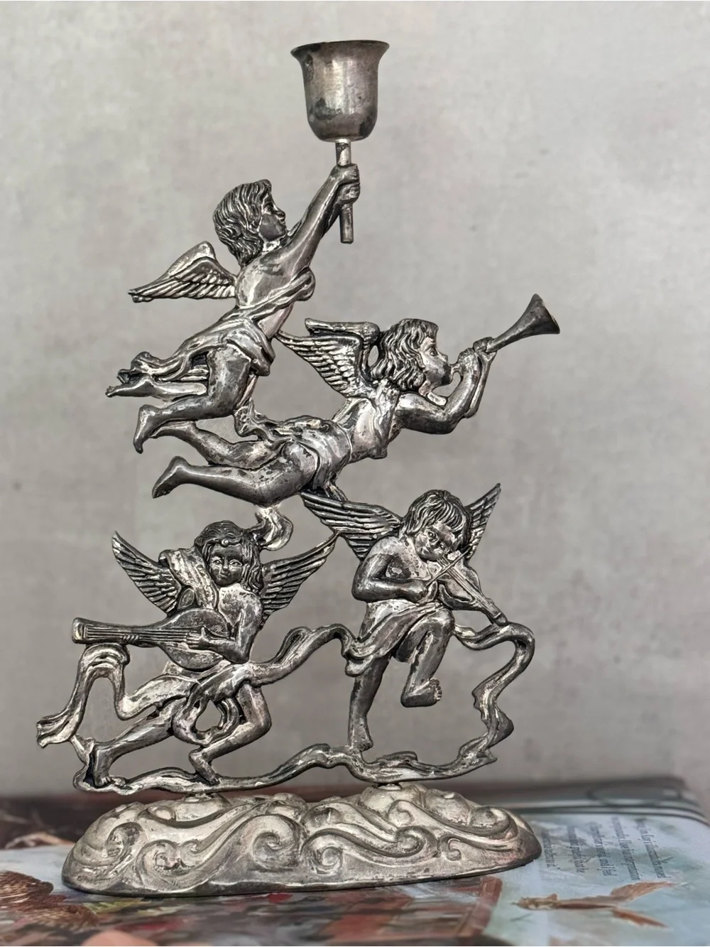 Vintage Cherub Angel Candle Holder Silverplate Italy Style